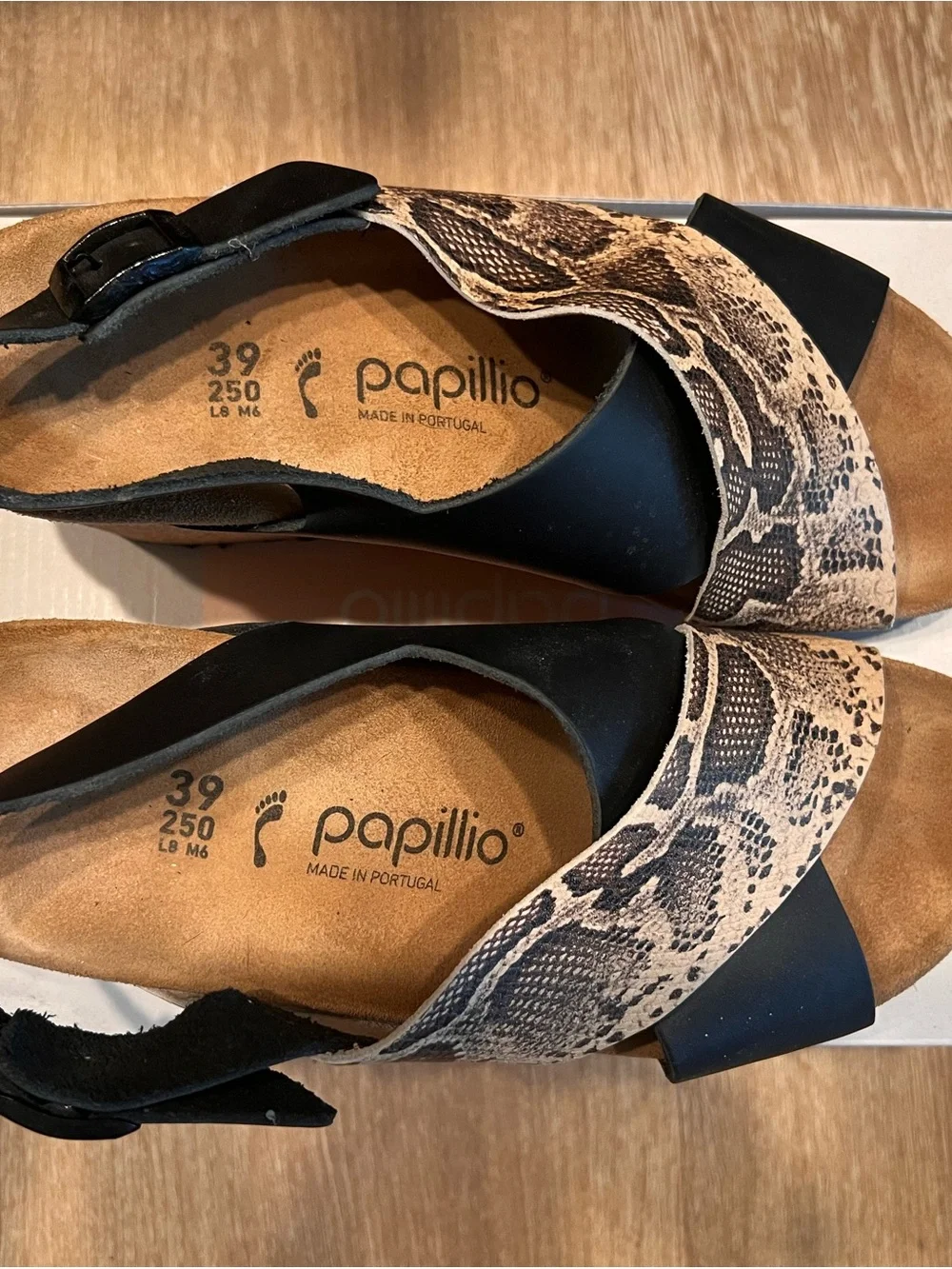 Papillo by Birkenstock Samira Wedge Sandals Black Snake Beige Leather EU 39 US 8